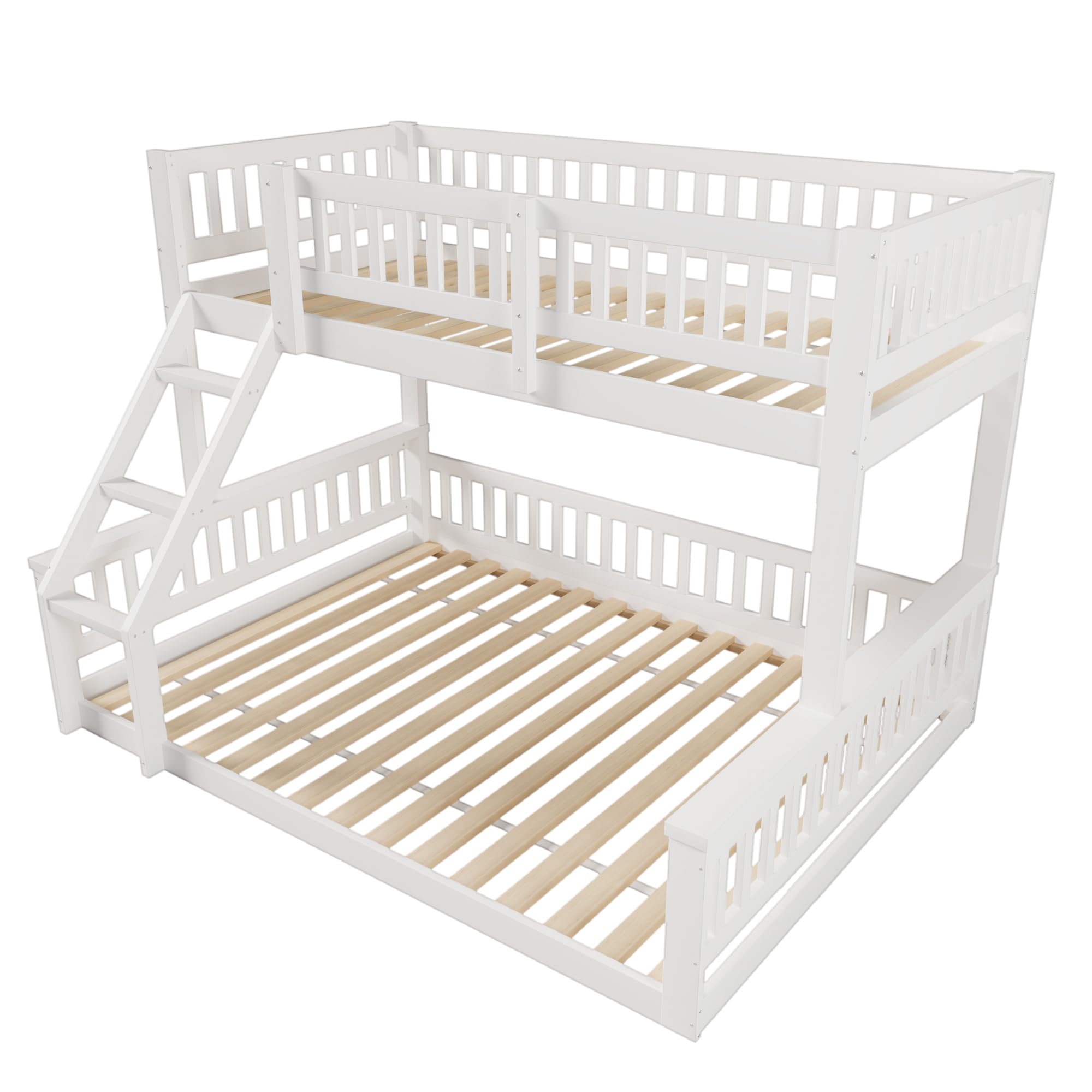 Letto a castello, 90 x 200 cm + 140 x 200 cm, scaletta, sponda per letto, stile semplice, senza materasso, bianco