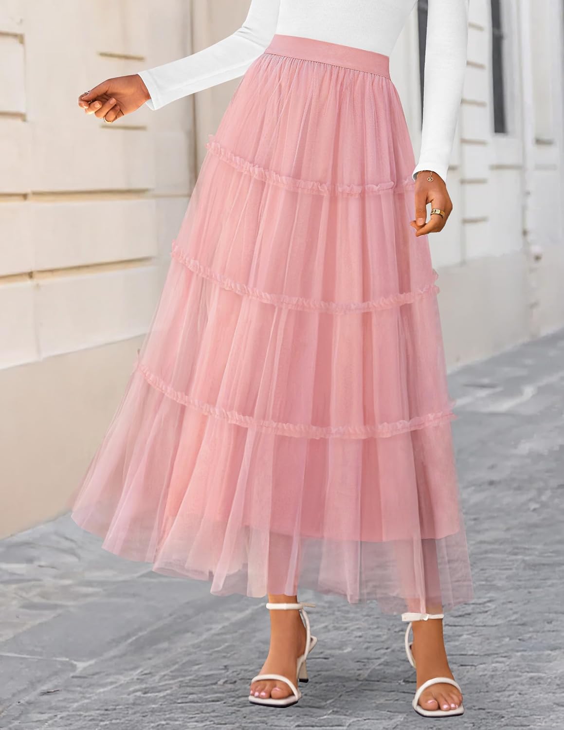 ZESICA Women's Tulle Maxi Skirt A-Line Flowy Ruffle Tiered Elastic High Waist 2026 Fall Trendy Midi Long Skirts - Image 3