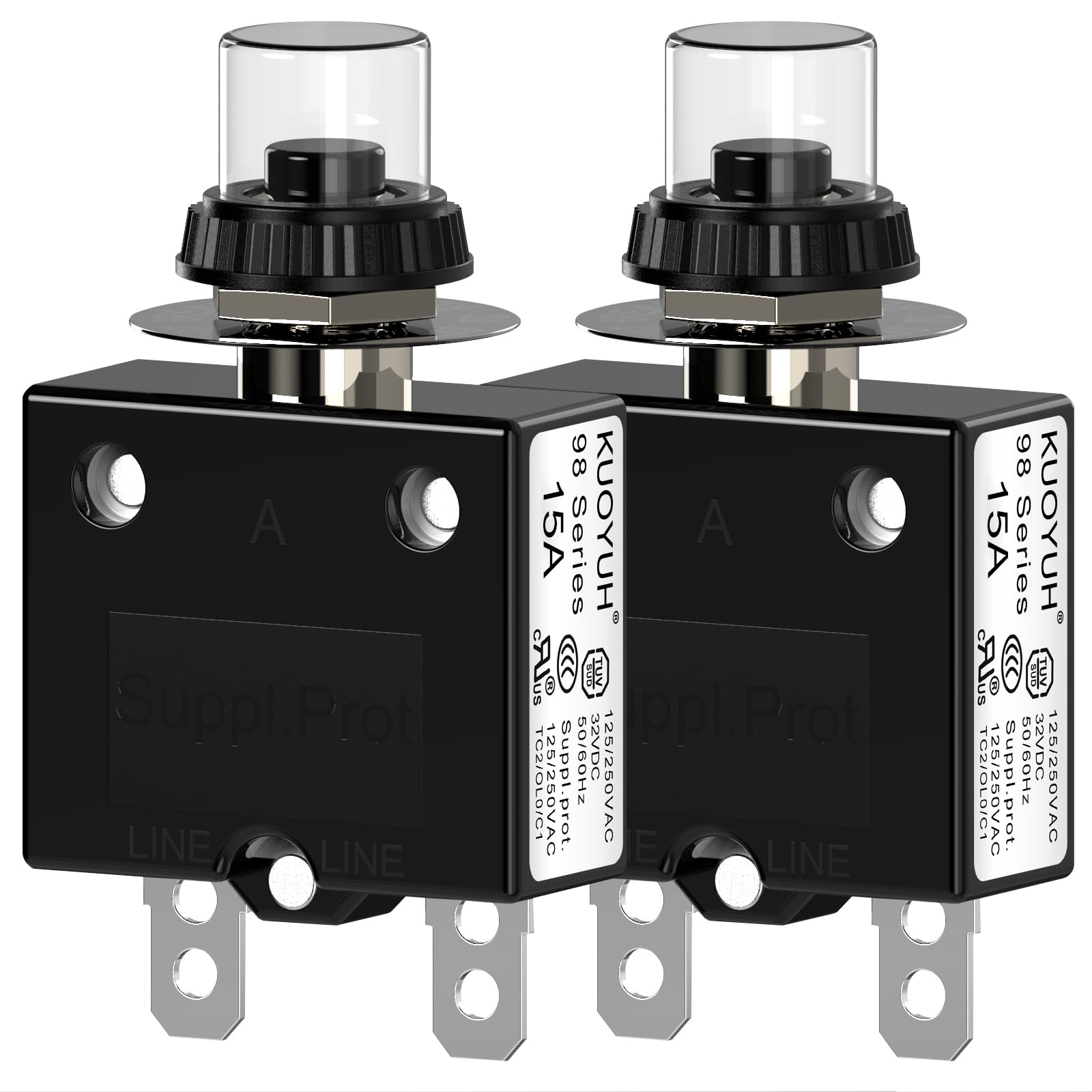 CLDIY Thermischer Schutzschalter, 98 Serie 15A 125 / 250VAC Drucktasten-Reset für Schutzschalter mit Schnellanschlussklemmen und wasserdichter Tastenabdeckung 32VDC, 2 Stck
