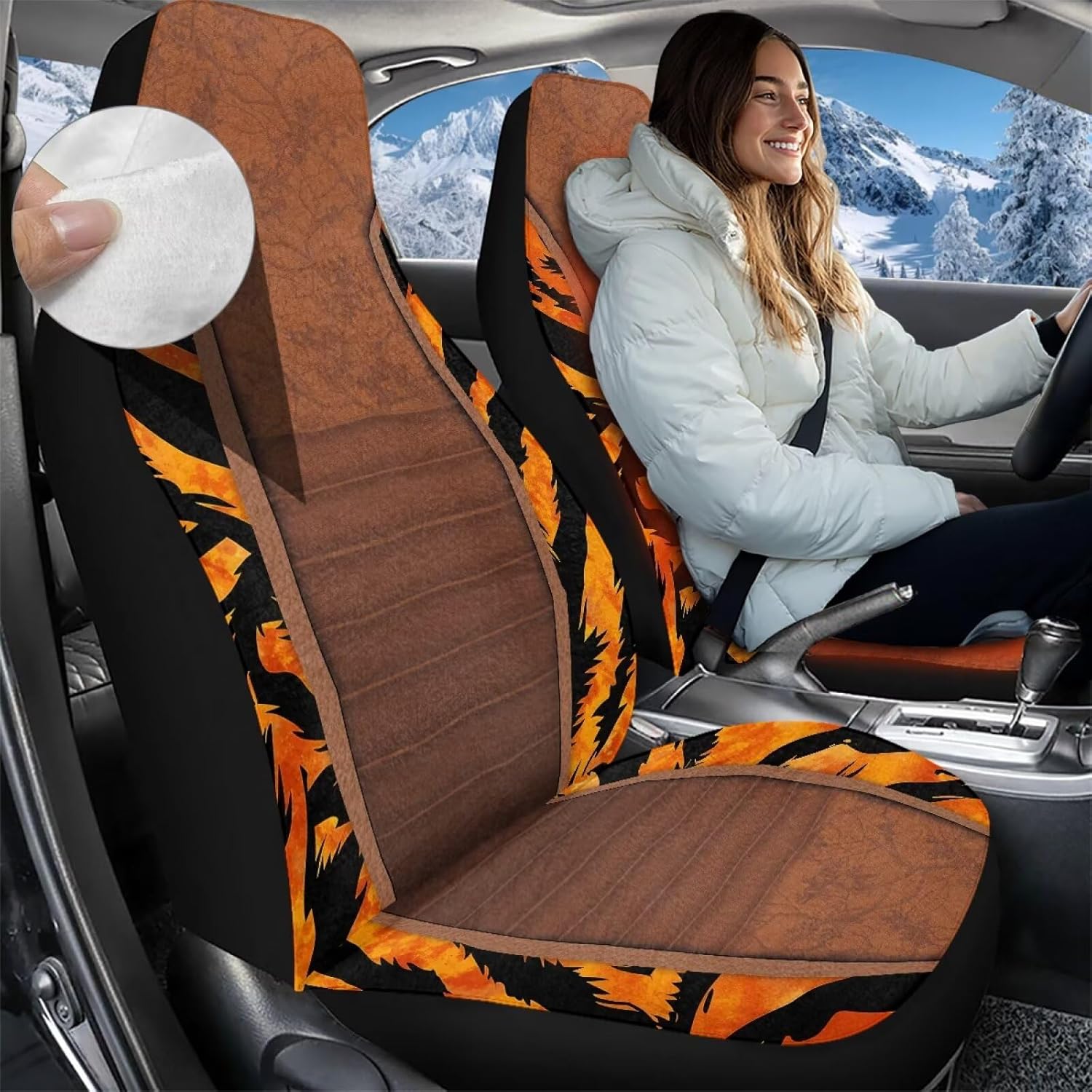 Bulopur Tiger Print Car Seat Covers Full Set Soft Plush Thick Auto Seat Covers Front Seats Only Comfortable Fluffy Vehicle Bucket Cushion Pad Blanket Universal Fit