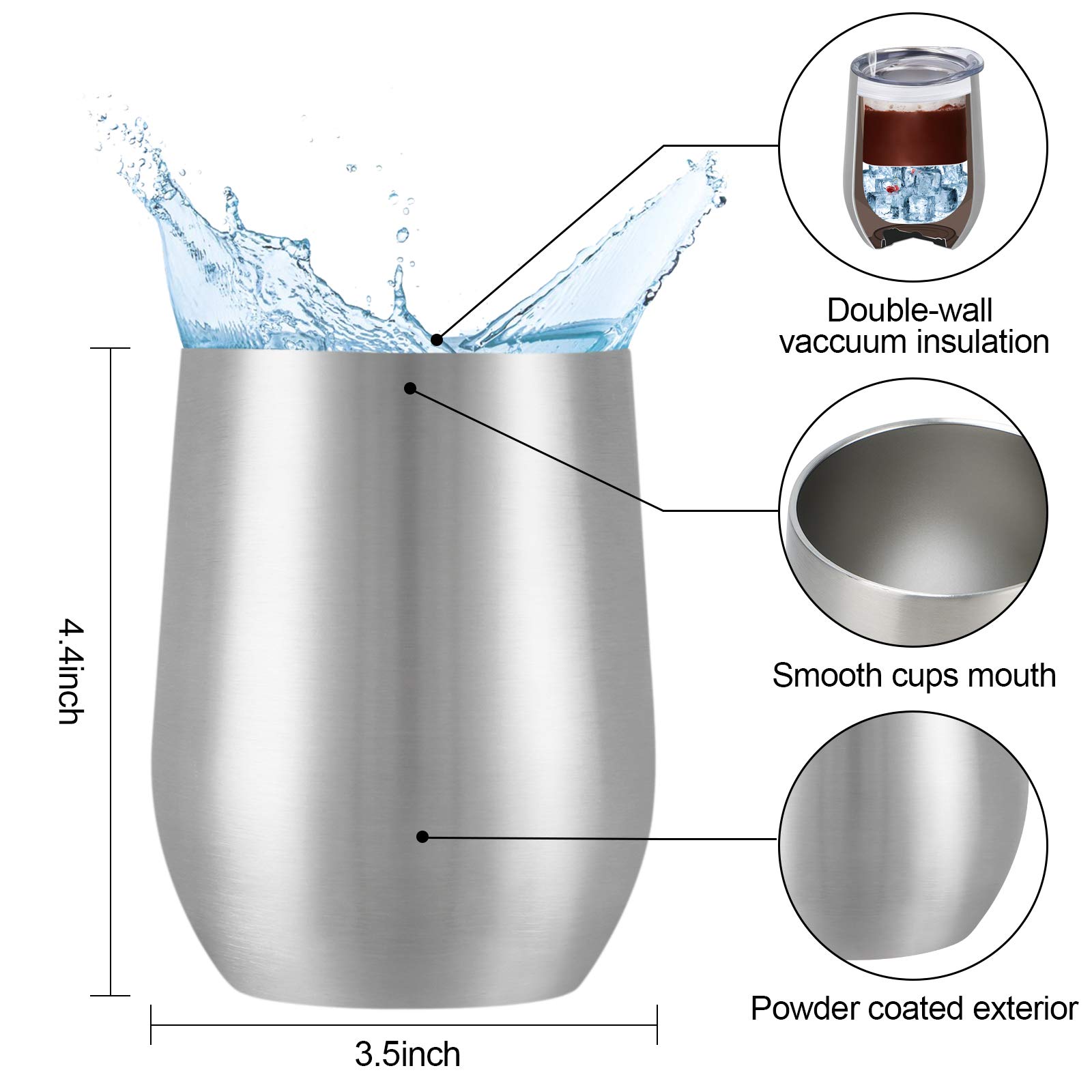 Paquete de 6 vasos de vino de acero inoxidable, vaso de vino aislado de 12 onzas, copa de vino aislada de doble pared, copas de vino sin tallo de acero inoxidable con tapas para café, vino, cócteles,