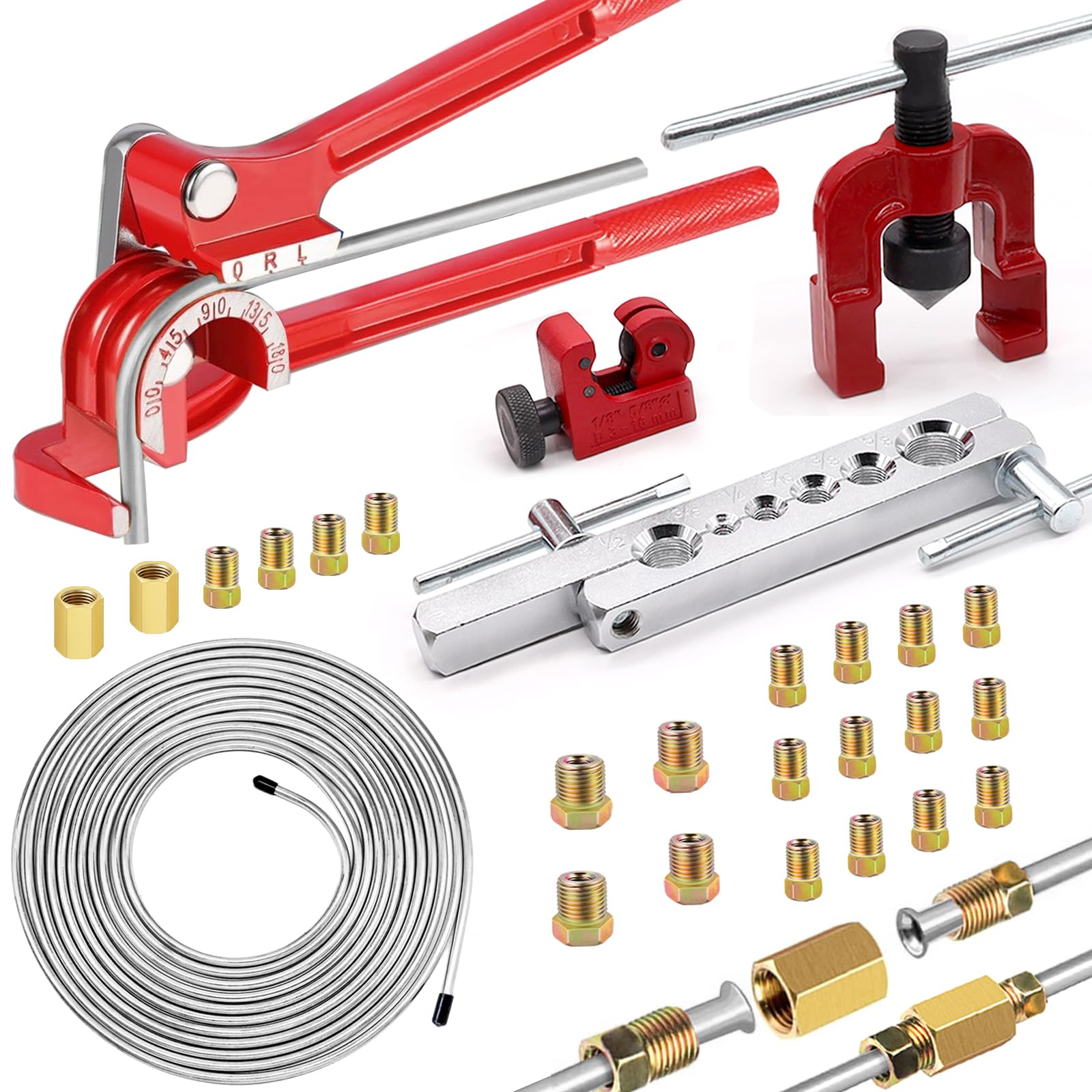 smseace 26Pack 1/4 Inch Brake line kit Includes 25FT Zinc-Plated Brake Lines with Fittings(16pcs Fittings,2pcs Union+4pcs Nut)，Brake line Bender，