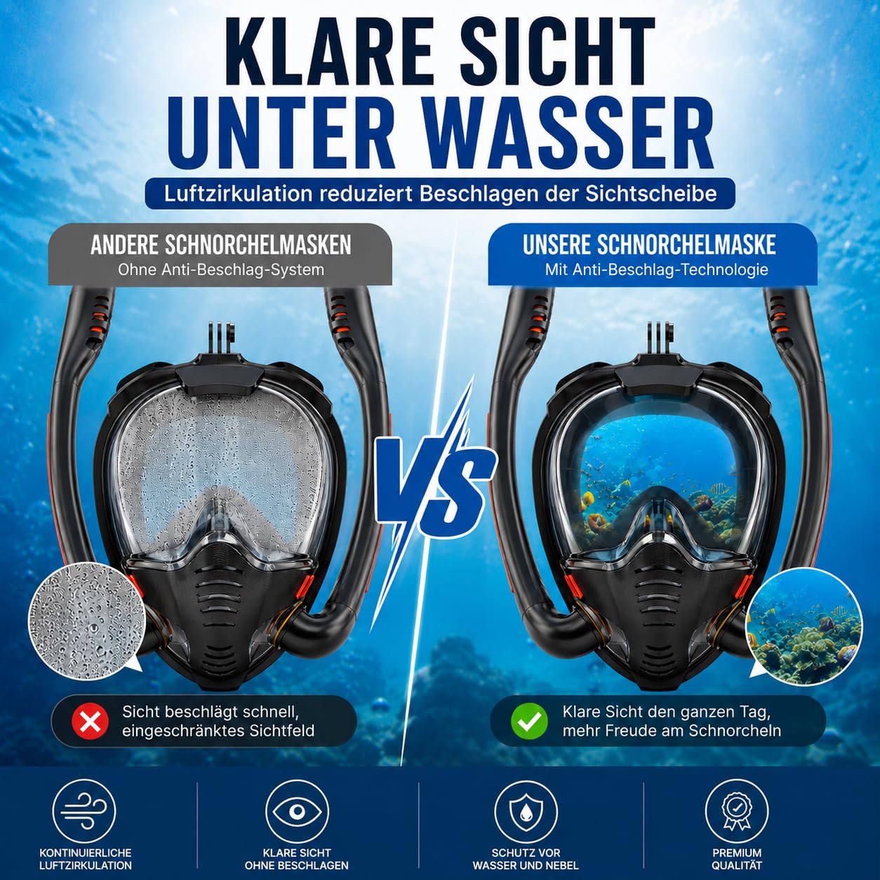 Schnorchelmaske Erwachsene, Tauch-Vollmaske mit Doppelatmungsrohren, Anti-Beschlag 180° Schwimmmaske, Silikonmaske für Schnorcheln Tauchen, Brillenträger tauglich