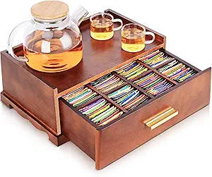 Tea Bag Organizer, Tea Organizers and Storage, Tea Box Organizer Storage Box, Tea Station Organizer for Countertop, Tea Caddy for Wood Tea Holder Organizers for Removable Drawer (Brown)