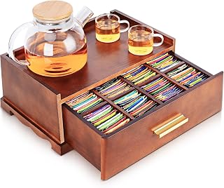 Tea Bag Organizer, Tea Organizers and Storage, Tea Box Organizer Storage Box, Tea Station Organizer for Countertop, Tea Caddy for Wood Tea Holder Organizers for Removable Drawer (Brown)