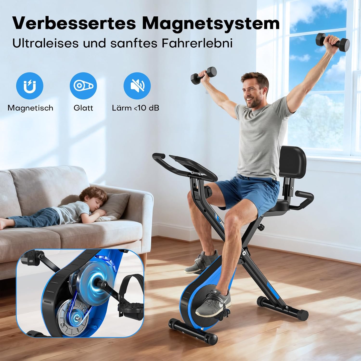Man exercising quietly on the vannect folding exercise bike in a living room, with a child sleeping nearby, highlighting the ultra-quiet magnetic system (less than 10 dB noise).