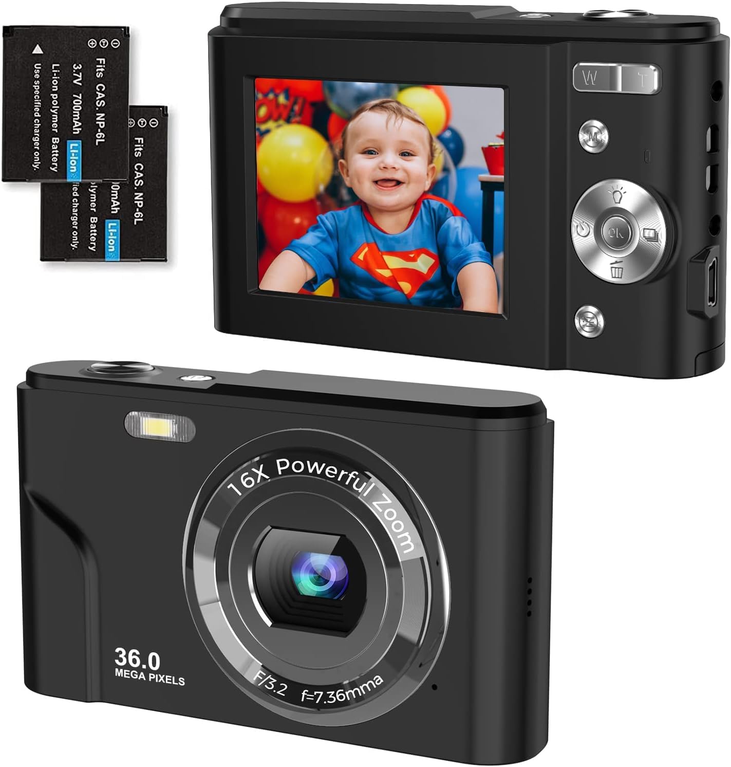 Digital Camera 1080P Full HD Compact Camera 36MP Vlogging Camera with 16X Digital Zoom, FamBrow Photo Camera 2.4 Inch LCD Mini Video Camera for Students/Children/Adults/Beginners（Black）