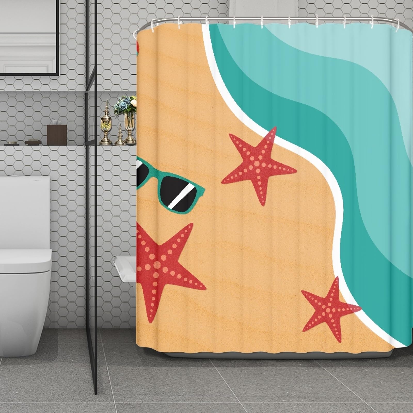 Rideau de douche 180x220 vert mer et étoile de mer rouge en tissu polyester lavable