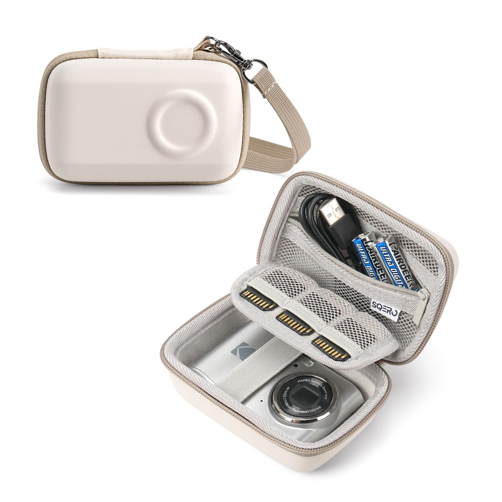 SQERO Digital Camera Case for KODAK PIXPRO FZ45 FZ55 & CAMKORY 1080P | Compact Travel Bag with 3 SD Card Slots,Small Lightweight Pouch, Cute Gifts for Adults Kids beige