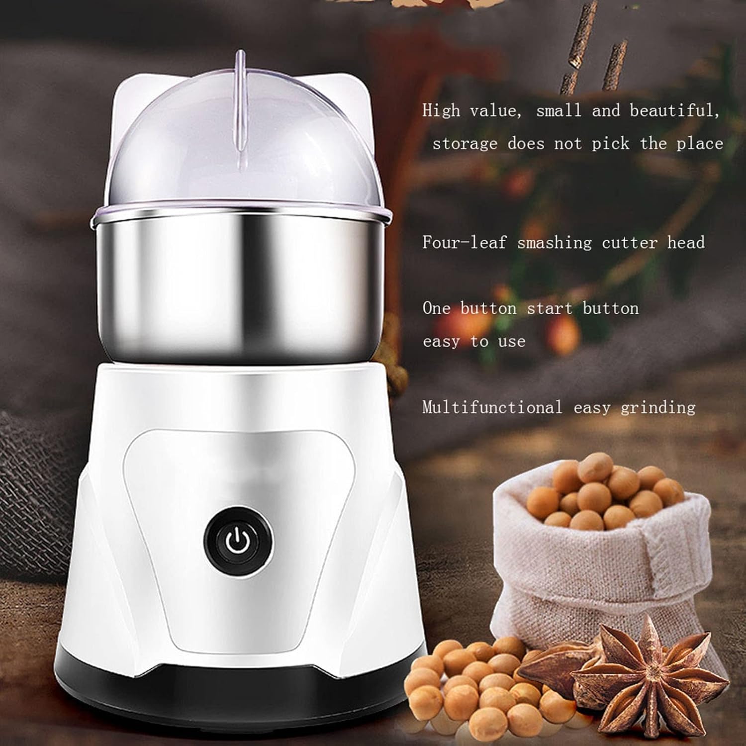 Electric Herb Grinder Spice Grain Grinder Mill Portable Beans Grinder High Speed Coffee Grinder Stainless Steel Four-Leaf Smashing Cutter for Seeds Pepper Sugar Salt Bean
