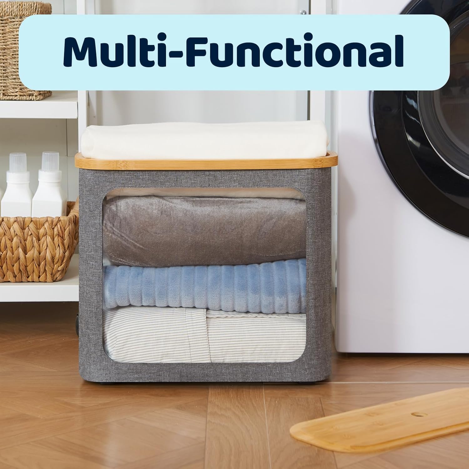 Toilet Paper Basket, Toilet Paper Storage with Lid for 12 Rolls, Bathroom Storage Organizer with Bamboo Lid, Grey - Image 9