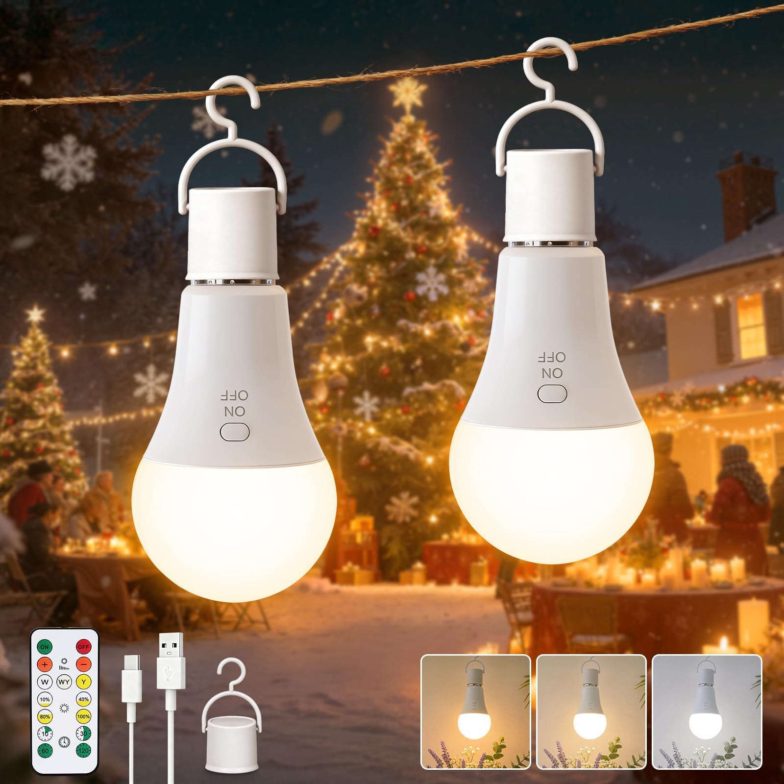 Ketom 2 Pack E27 Rechargeable Light Bulb with Remote, Battery Light Bulb for Lamp, 7W USB Rechargeable Bulbs for Lamps, with Timing, 3 Color Temperatures Dimmable Button Control