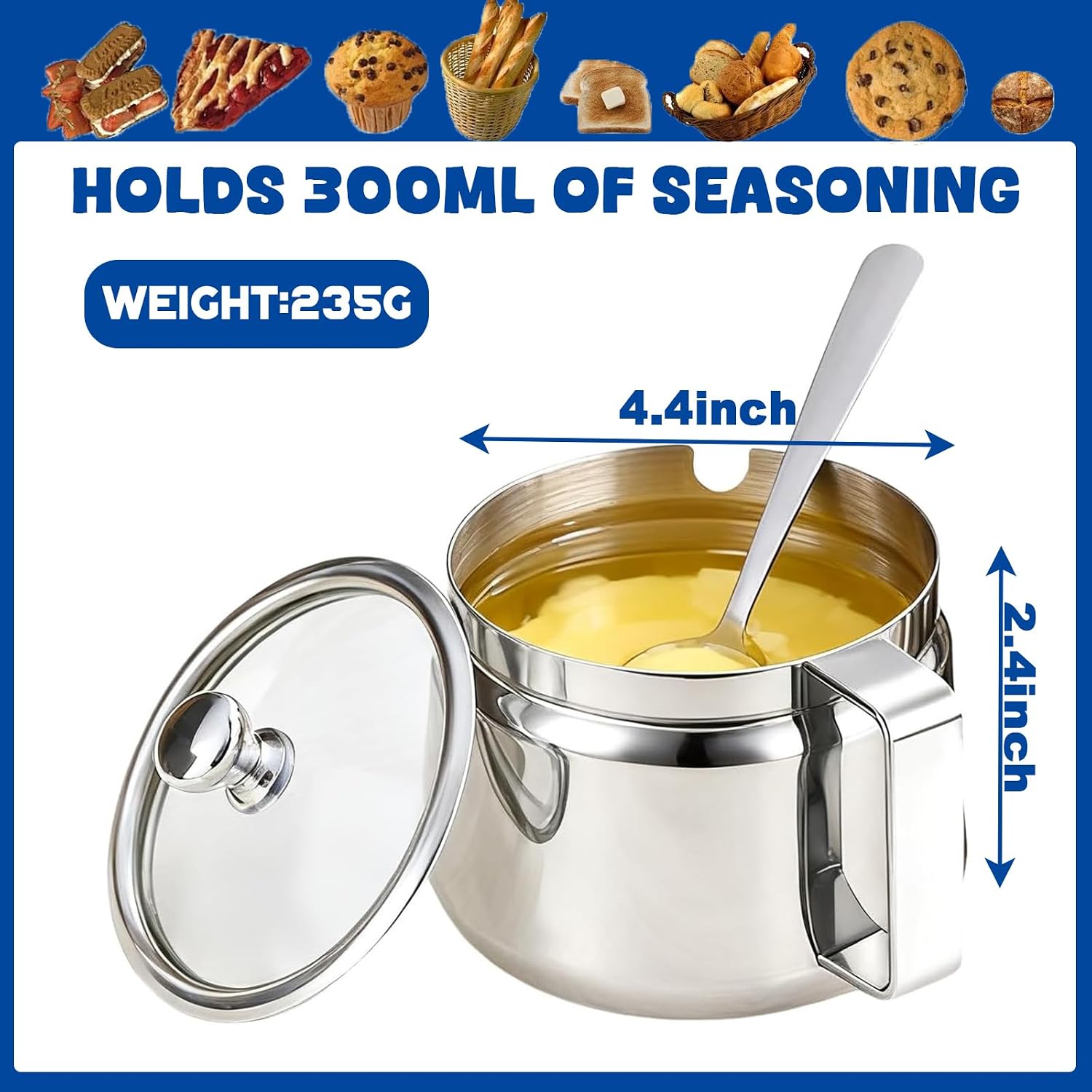 Ghee Container with Lid And Spoon, 300mL Small Ghee Pot Kitchen with Handle for Kitchen, Sugar, Tea, Oil, Salt, Cooking, and Everyday Culinary Use