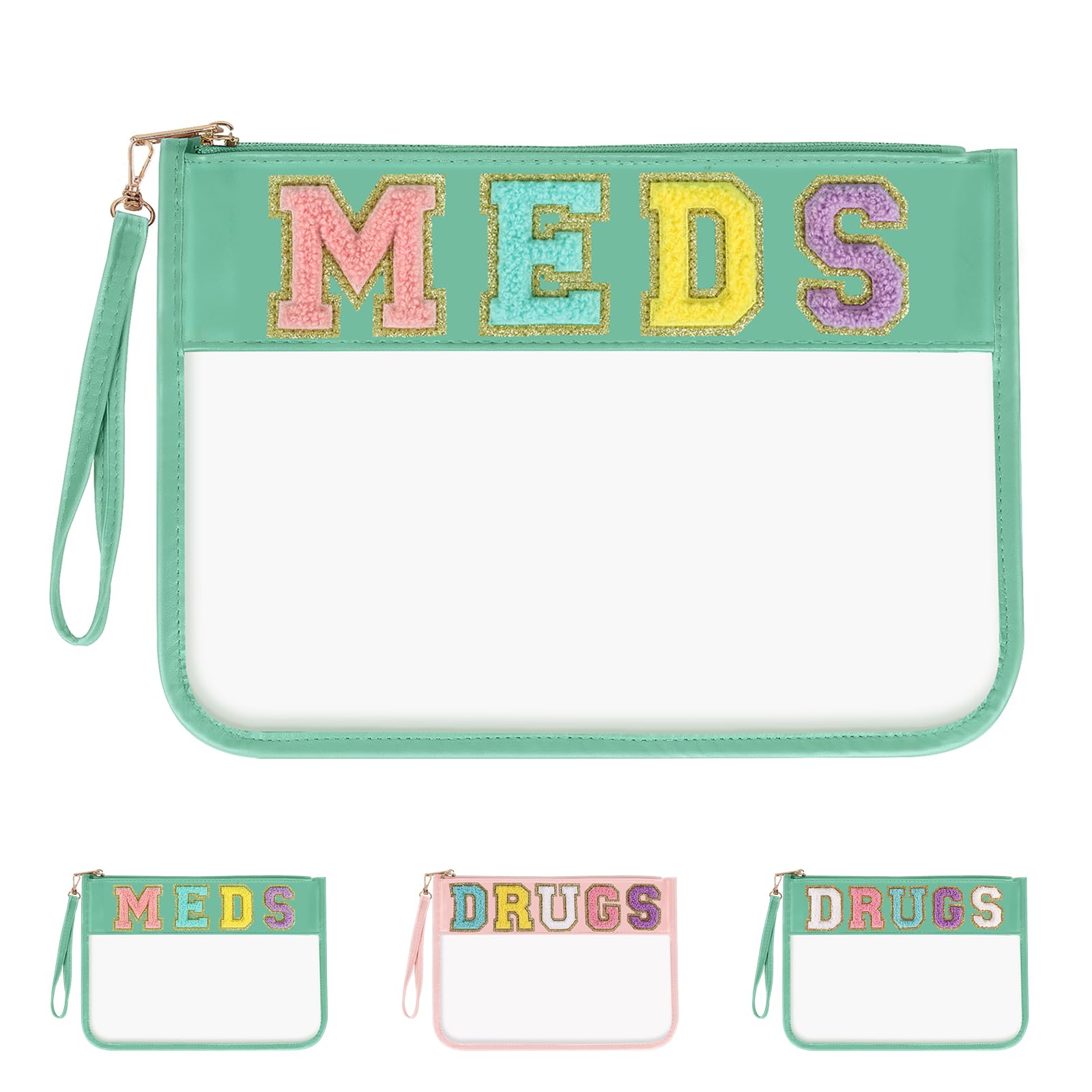 Iqimott Chenille Letter Patch Bag Clear MEDS Drugs Pouch, Preppy Portable Cosmetic Makeup Bag for Women Girls Travel, Waterproof Nylon Zipper Toiletry Medicine Storage Case Stadium Bag(Green, MEDS)