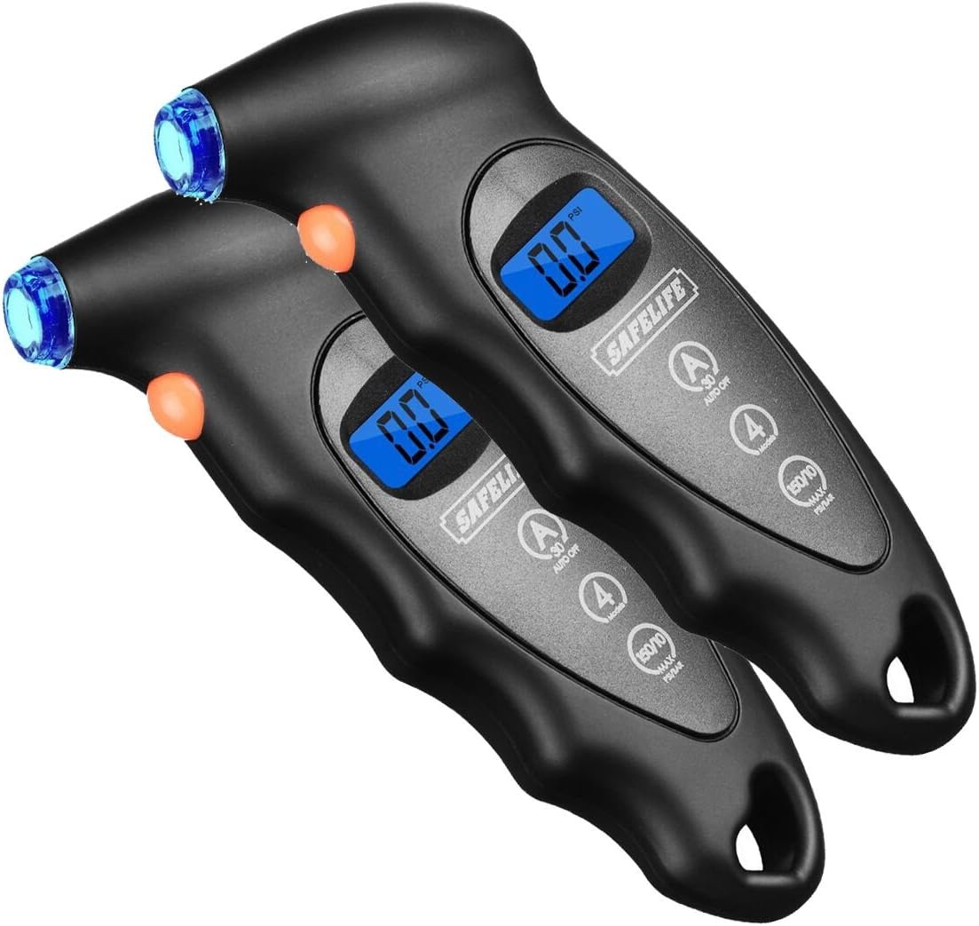 SAFELIFE Digital Tire Pressure Gauge 150 PSI Digital Tire Gauge with Backlit LCD and Non-Slip Grip (2pack Black)