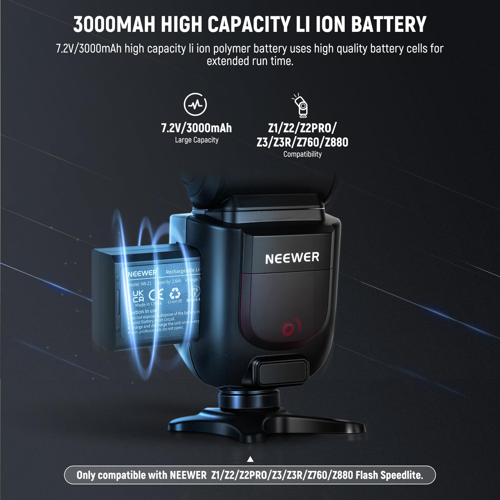 NEEWER 7.2 V/3000mAh Repuesto Batería Iones Litio para Flash Speedlite, Batería de Litio para Z2PRO-C Z2PRO-S Z2PRO-N, Z2-C Z2-S Z2-N, Z1-C Z1-S Z1-N, Z880-C Z880-S Z880-N Flash Speedlite, NB-Z1 PRO