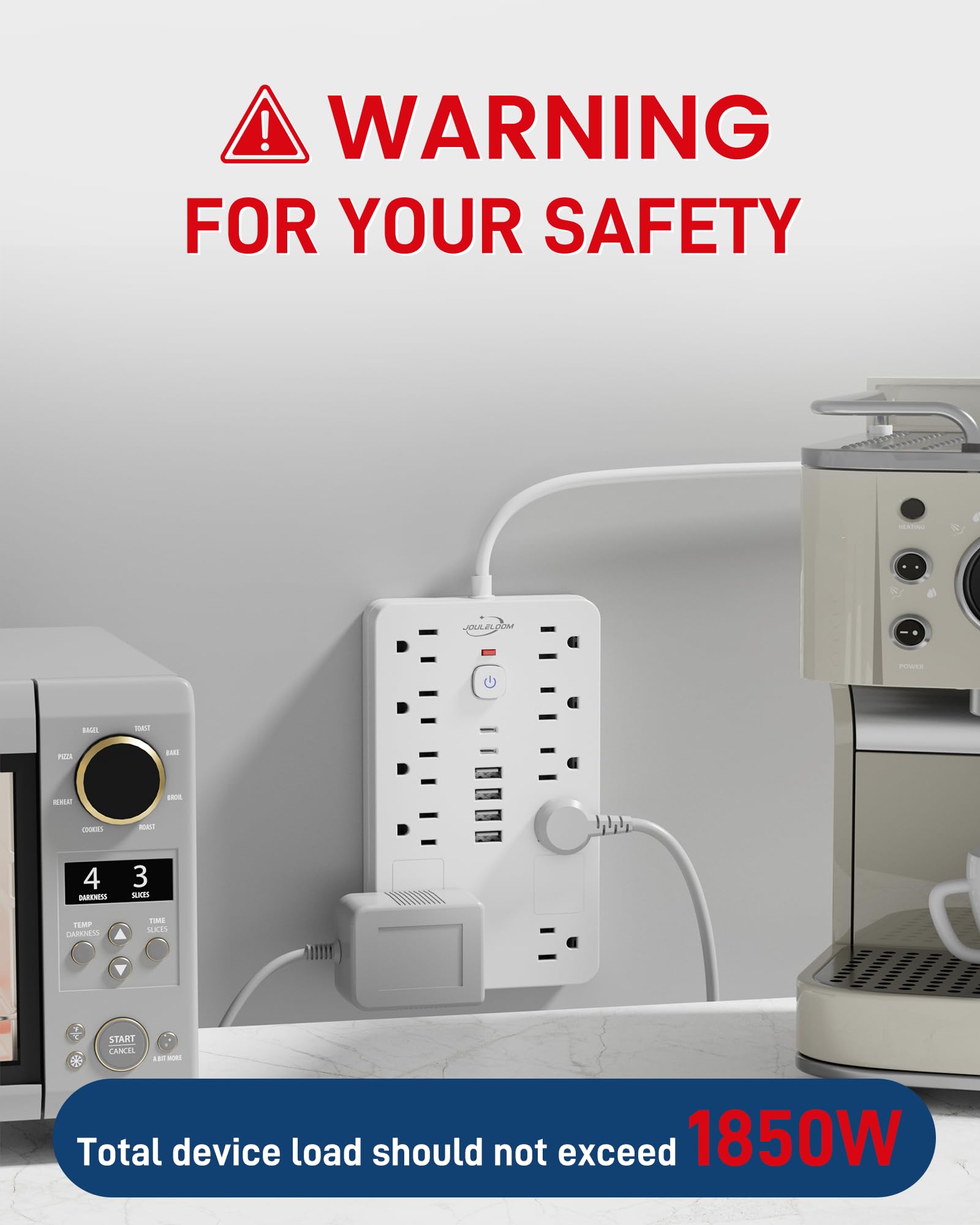 JouleLoom - Regleta de protección contra sobretensiones, 10 Salidas (1850 W/15 A) con 6 Puertos USB (2 USB C), Cable de extensión de 6 pies para Montaje en Pared, listado ETL para el hogar