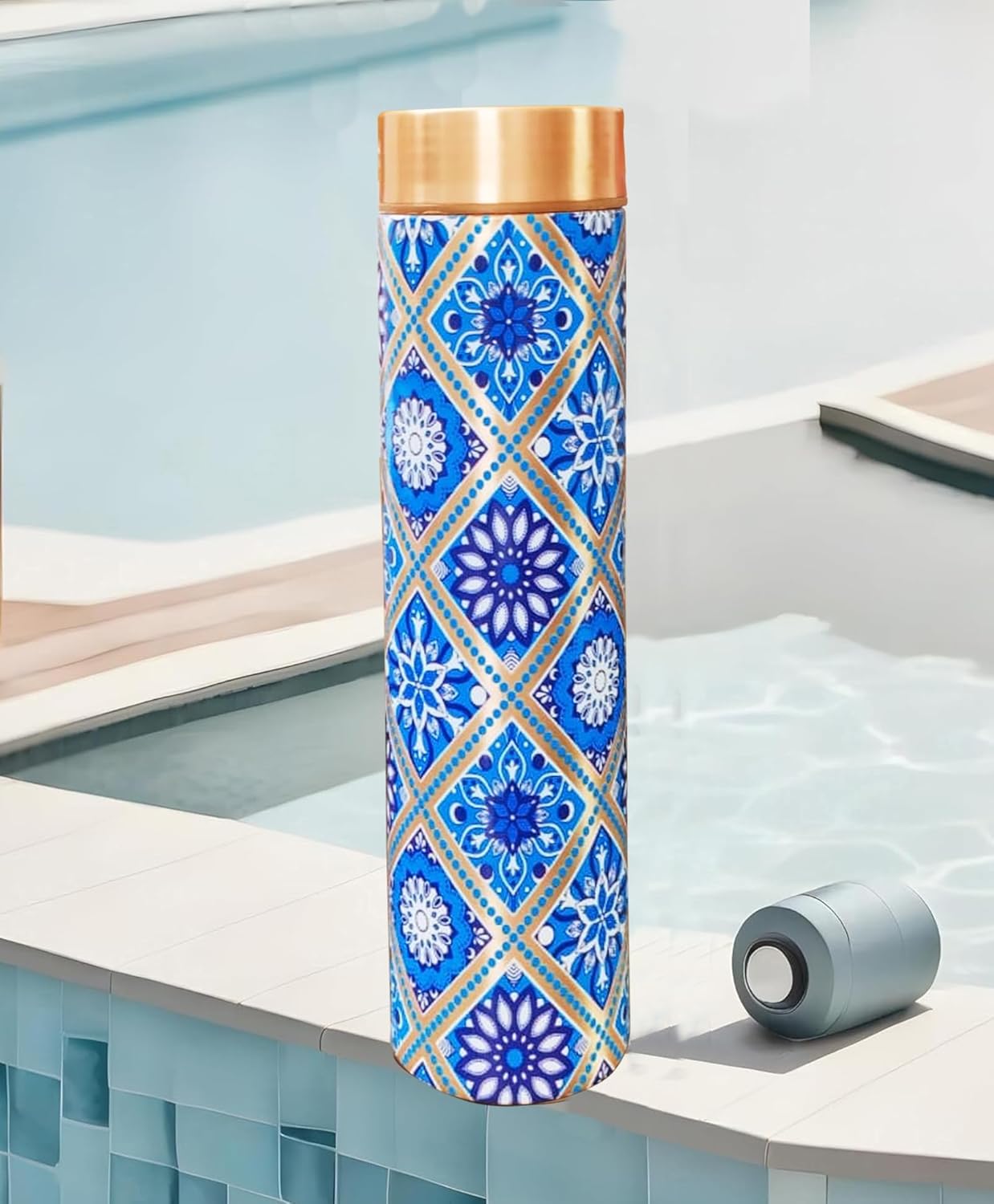 Pencil Copper Water Bottle 25 OZ/750 ML Set of 3 Color Engraving Work Drinking Flask Ayurvedic Leakproof Bottle for Sports, Yoga