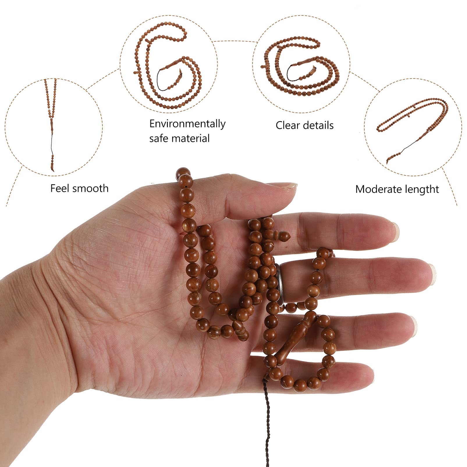 BESPORTBLE Collar de oración del Islam Masbaha 99 perlas de madera auténticas de Indonesia, cuentacasos, cuentas de zigzar, cuentas de oración, rosario, musulmanes, tasbih Misbaha, 6 mm