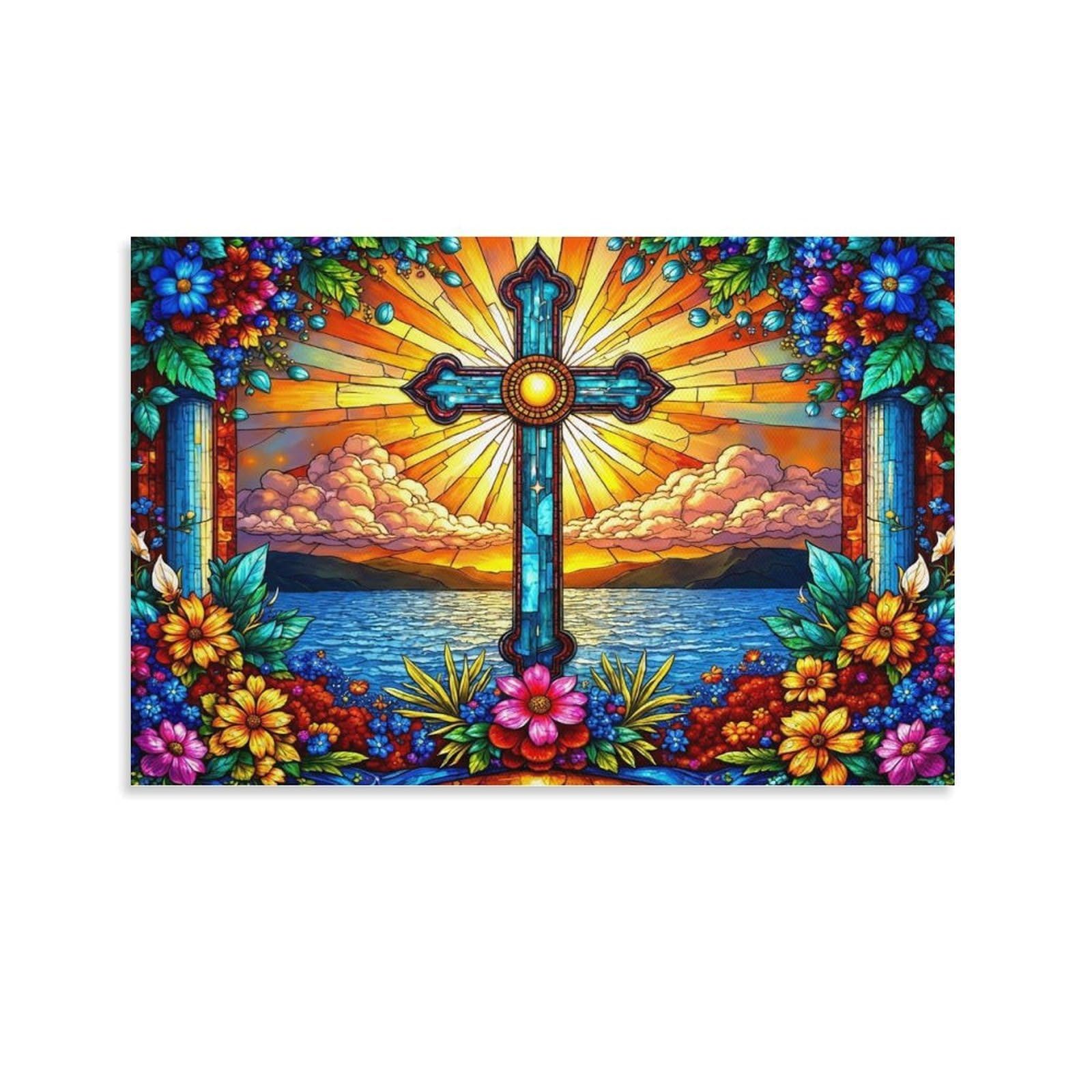 CPLVKWRQJ Stained Glass Cross Single Floral Framed Cross Stained Glass Artwork Framed Wall Art - Living Room Focal Point Ready to Hang Fade Resistant Wall Artwork 12x18inch(30x45cm)