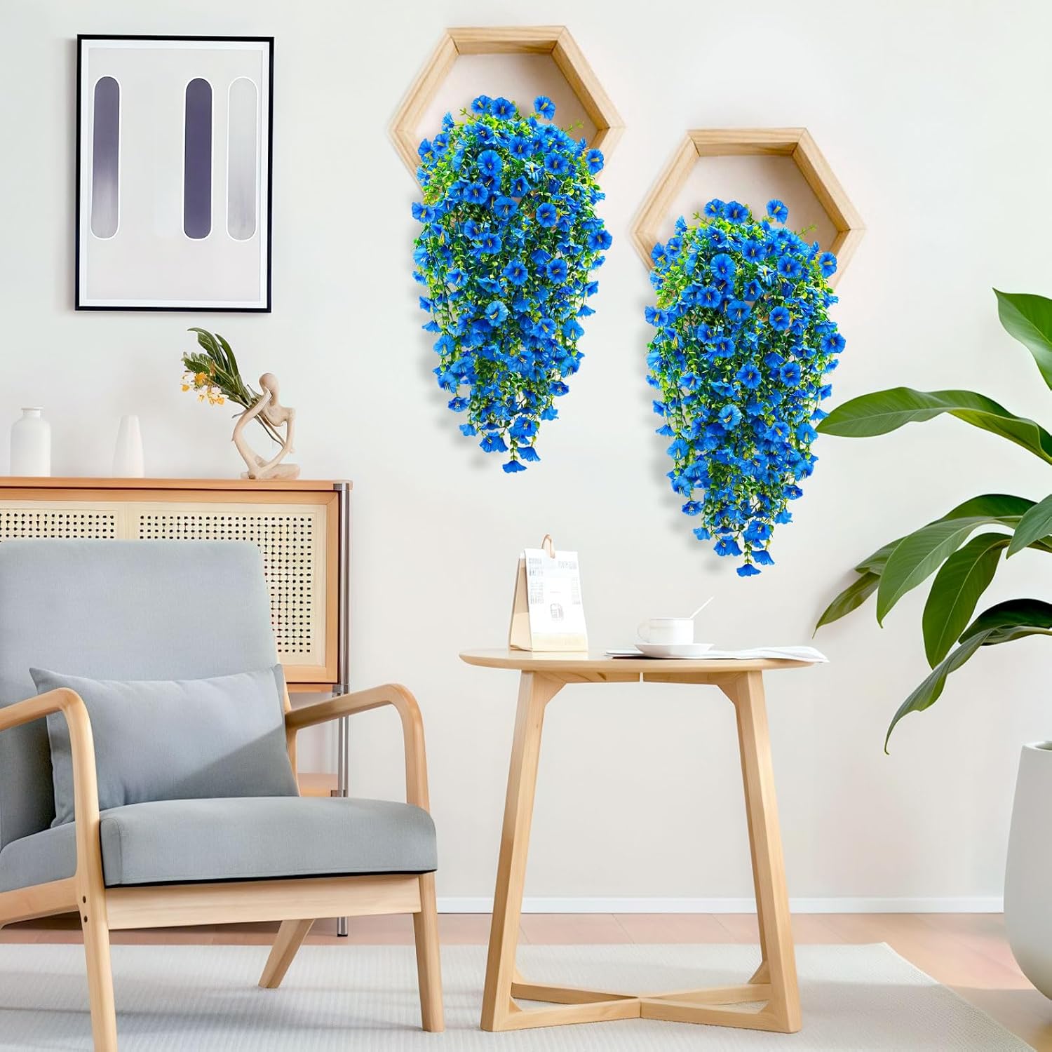 ICX 4PCS Artificial Hanging Flowers for Outdoors,Silk Morning Glory UV Resistant Fake Hanging Flowers,Artificial Flowers for Decoration,Outdoor Faux Plants for Door Porch Patio Planter Yard(Blue)