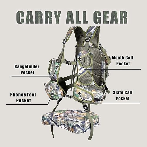 Vista 15 de UIIHUNT Chaleco de pavo con asiento: chaleco ligero de caza de pavo con bolsa de juego, accesorios ajustables para equipo de caza de pavo Tree Camo