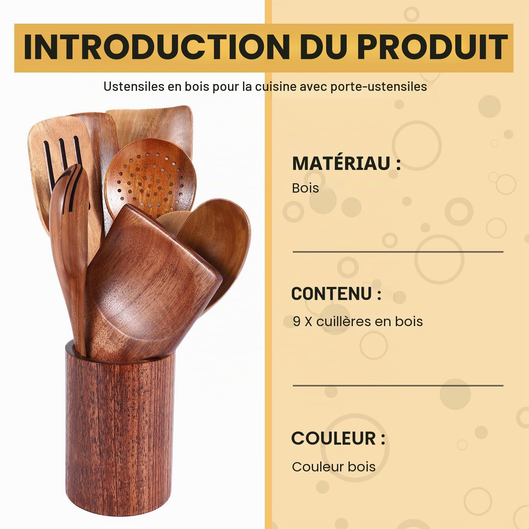 Lot de 9 Ustensiles de Cuisine en Bois Nature - Spatule à Wok, Écumoire, Cuillères à Salade et à Soupe avec Porte-Ustensiles