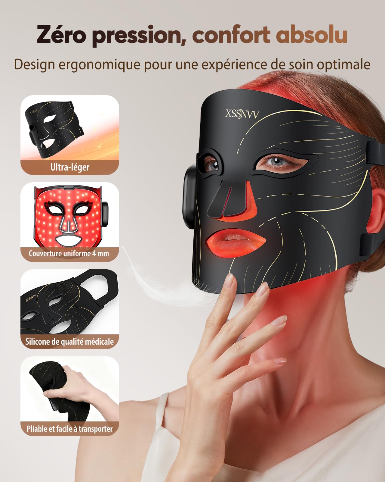Masque LED Visage Sans Fil, 4 Modes Masque Luminothérapie Lumière Rouge & Infrarouge 850 nm, LED Mask, Télécommande, Autonomie 60 min, Réglable, avec Couvre-yeux, NVV03