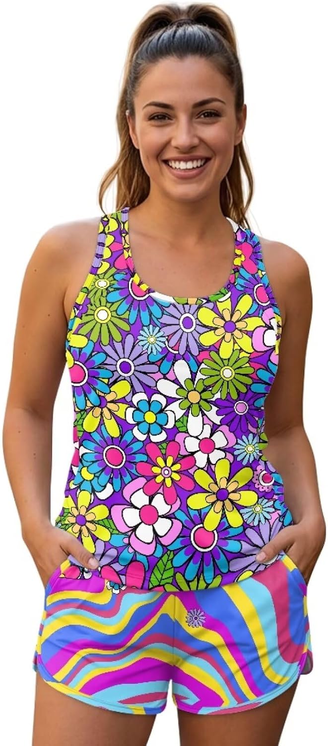 Womens Summer Tankini Swimsuits,Crew Neck Plus Size Two Piece Bathing Suits Sporty Tank Top Swim Drawstring Short
