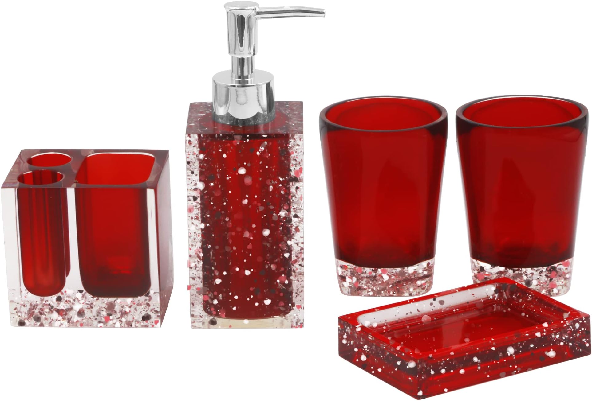 LUANT Generic 5-Piece Resin Bathroom Accessory Set with Soap Dish, Dispenser, Toothbrush Holder and Tumbler, Red