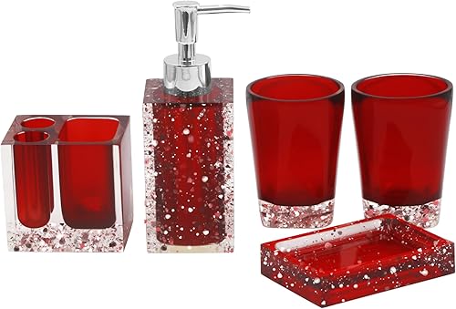 LUANT Juego de accesorios de baño de resina de 5 piezas con jabonera dispensador soporte para cepillo de dientes y vaso color rojo