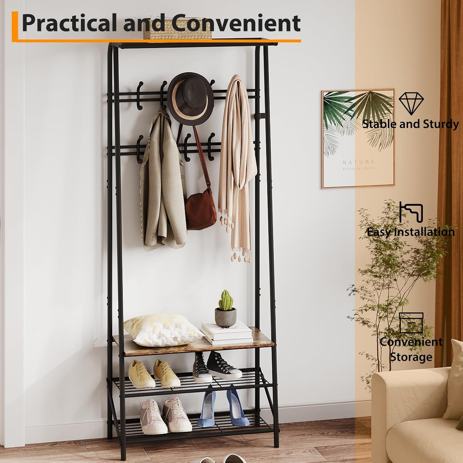 Coat Rack, Floorstanding Hall Tree with Shoe Rack, Entryway Bench with Storage Shelf, Industrial Clothes Rack, Wooden and Metal Coat Stand, for Bedroom, Hallway, Living Room, Rustic Brown