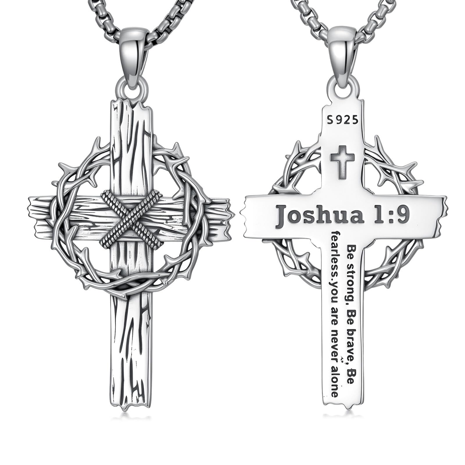 Kreuz-Halskette mit Josua 1:9, 925er Sterlingsilber, Dornenkrone Kreuz-Anhänger, Schmuck für Herren, inkl. Edelstahl-Kette 55 cm + 5 cm Verlängerung