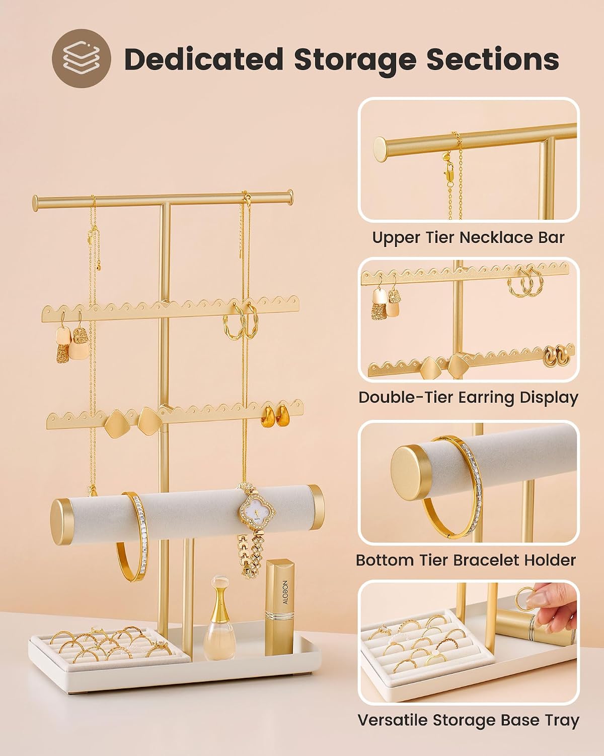 Lolalet Jewelry Organizer Stand, Necklace Bracelet Holder -Gold