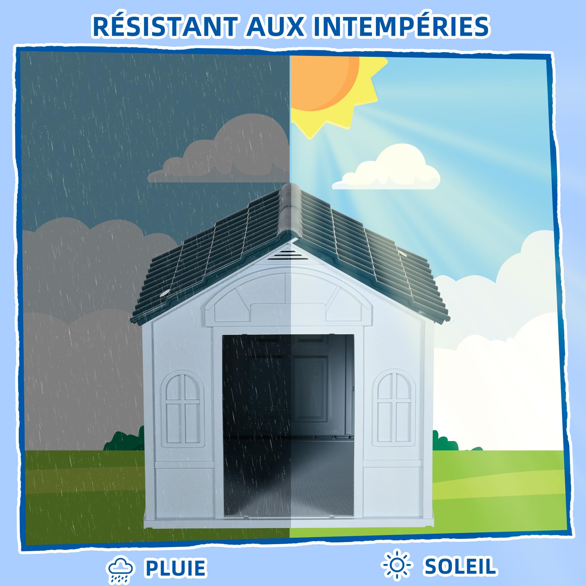 PawHut Niche d'extérieur en PP Blanc pour Chiens de Petite et Moyenne Taille - 65 x 75.7 x 63 cm | PP Imperméable, Toit en Pente, Porte Avant Ouverte, Ouverture d'Aération au-Dessus