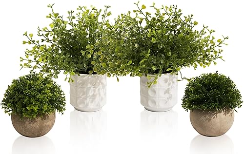 Paquete de 4 plantas artificiales pequeñas, plantas artificiales de interior para decoración del hogar, mini juego de plantas falsas para estantes,