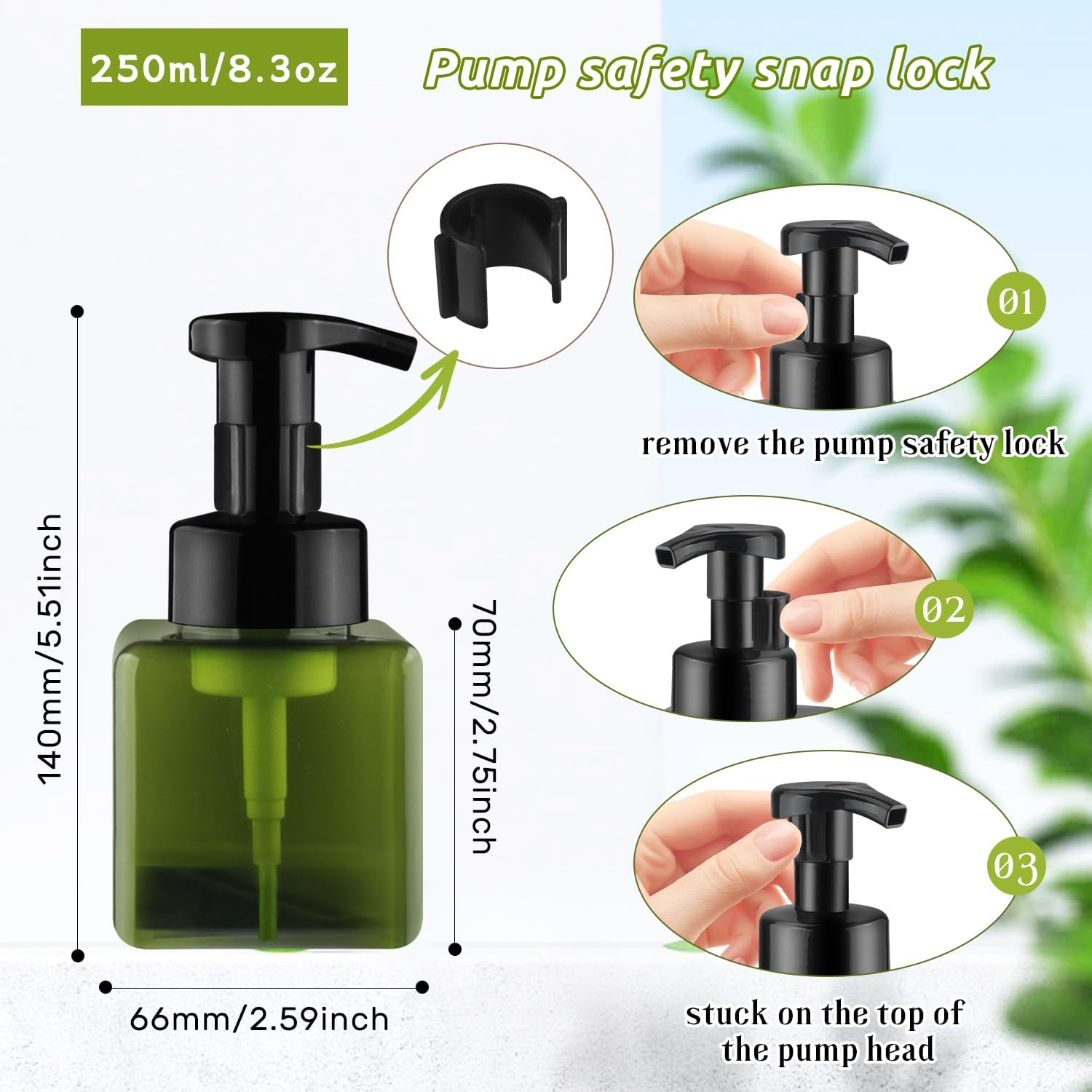 3 Pack Foaming Soap Dispenser Empty Plastic Foam Pump Bottle Refillable Foam Soap Bottle Dispenser for Shampoo Liquid Soap Face Wash (Green, 250ml/8.3oz) - Image 3