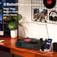 Vista 3 de Tocadiscos de vinilo Bluetooth con dos altavoces incorporados, grabación USB, transmisión por correa, 3 velocidades, tocadiscos para discos