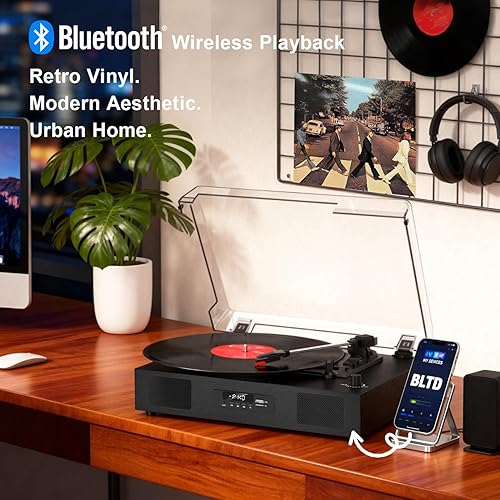 Miniatura 3 de Tocadiscos de vinilo Bluetooth con dos altavoces incorporados, unidad de correa de grabación USB, tocadiscos de 3 velocidades para discos de vinilo,
