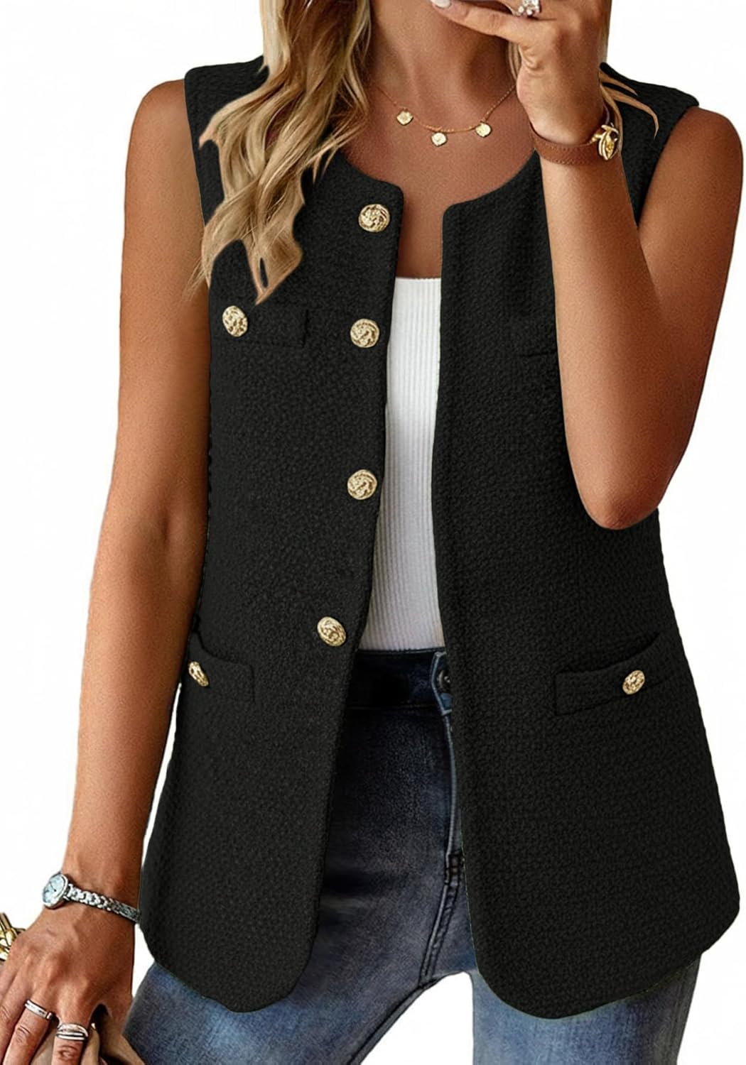 Mina Self Women's 2026 Spring Tweed Plaid Vest Tops - Warm Fully-Lined Sleeveless Trendy Work Casual Long Outerwear Pockets - Image 2