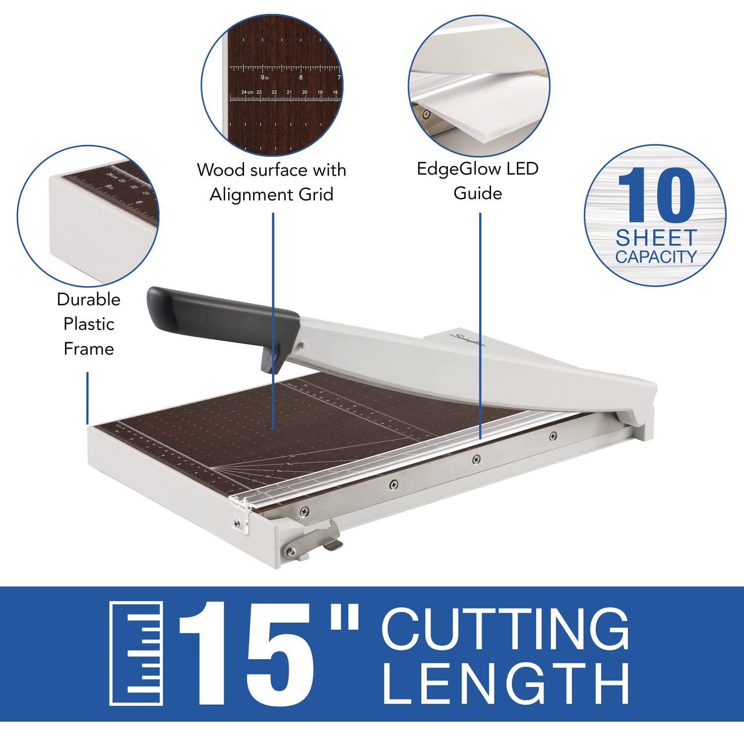 Swingline Paper Trimmer, Guillotine Paper Cutter, 15" Cut Length, 10 Sheet Capacity, Wood, ClassicCut 1510W with EdgeGlow (G7010012)