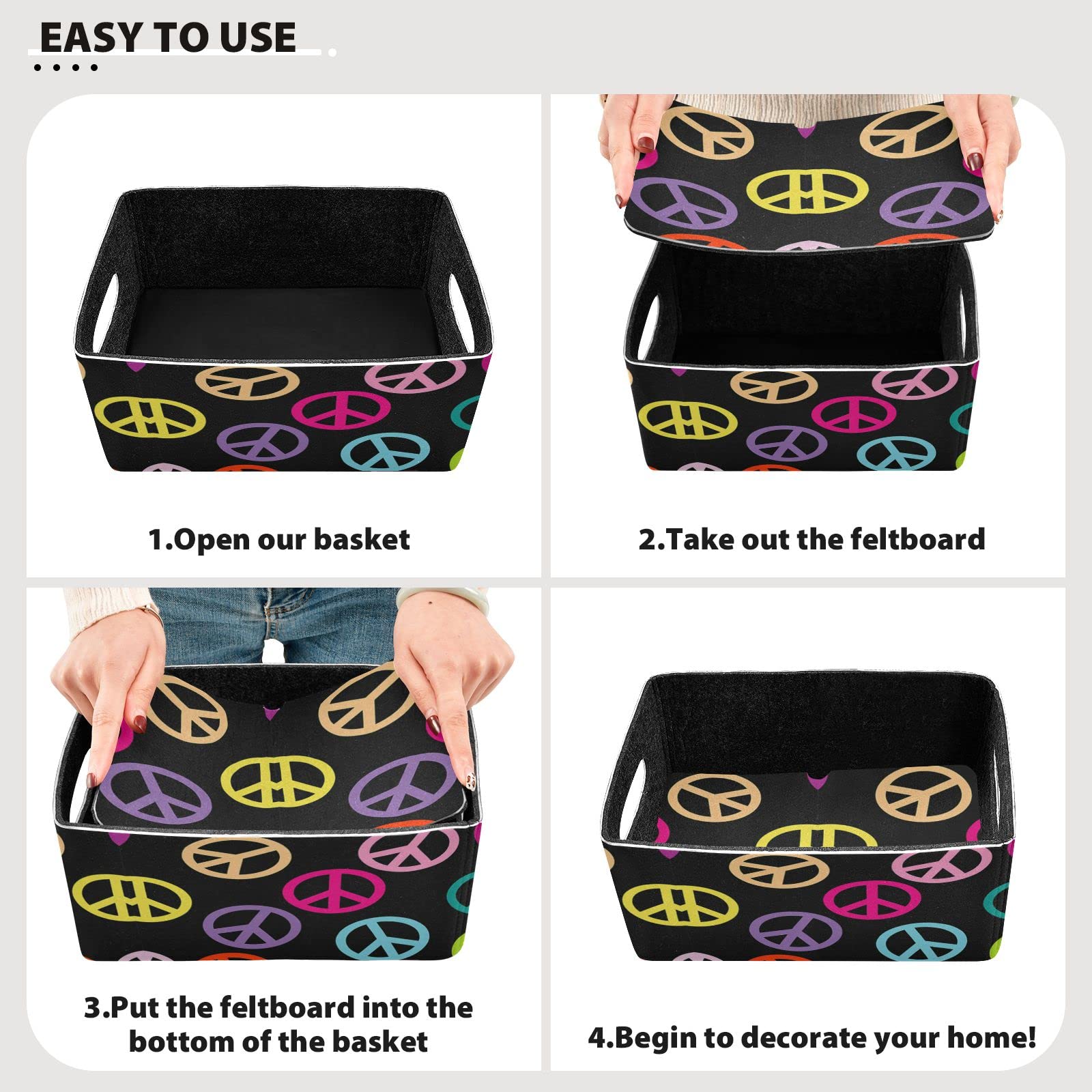 Oyihfvs Colorful Peace Sign 2 PCs Rectangle Foldable Felt Storage Bin, Collapsible Cube with Handles Thick Fabric Box Organizer Clothes Supplies for Home