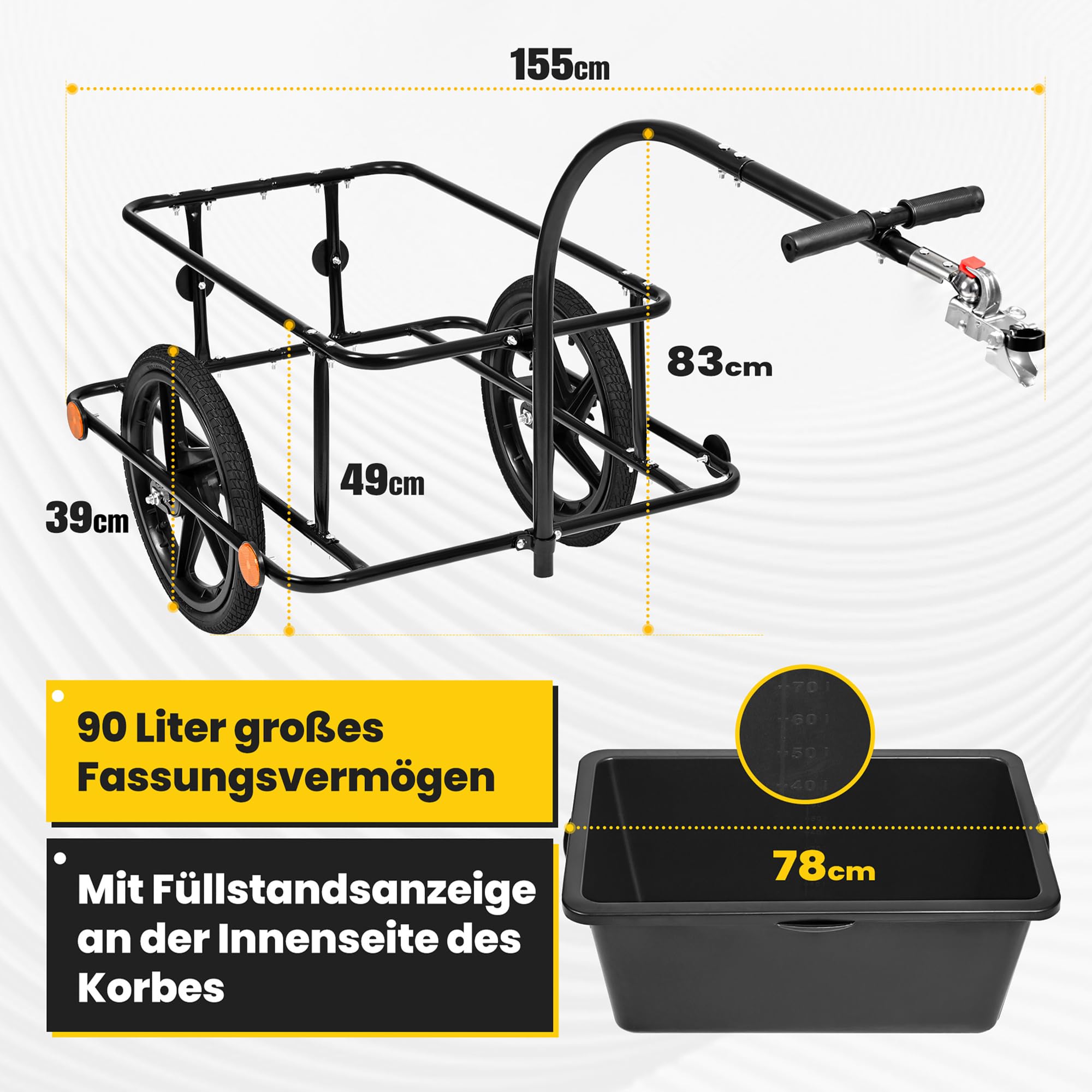 SAMAX Lastenanhänger Fahrradanhänger 90 Liter 80 Kg mit Kupplung Schutzplane und Verbindungsschelle - Transportanhänger Fahrrad Anhänger Handwagen mit Kunststoffwanne in Schwarz - Mountain