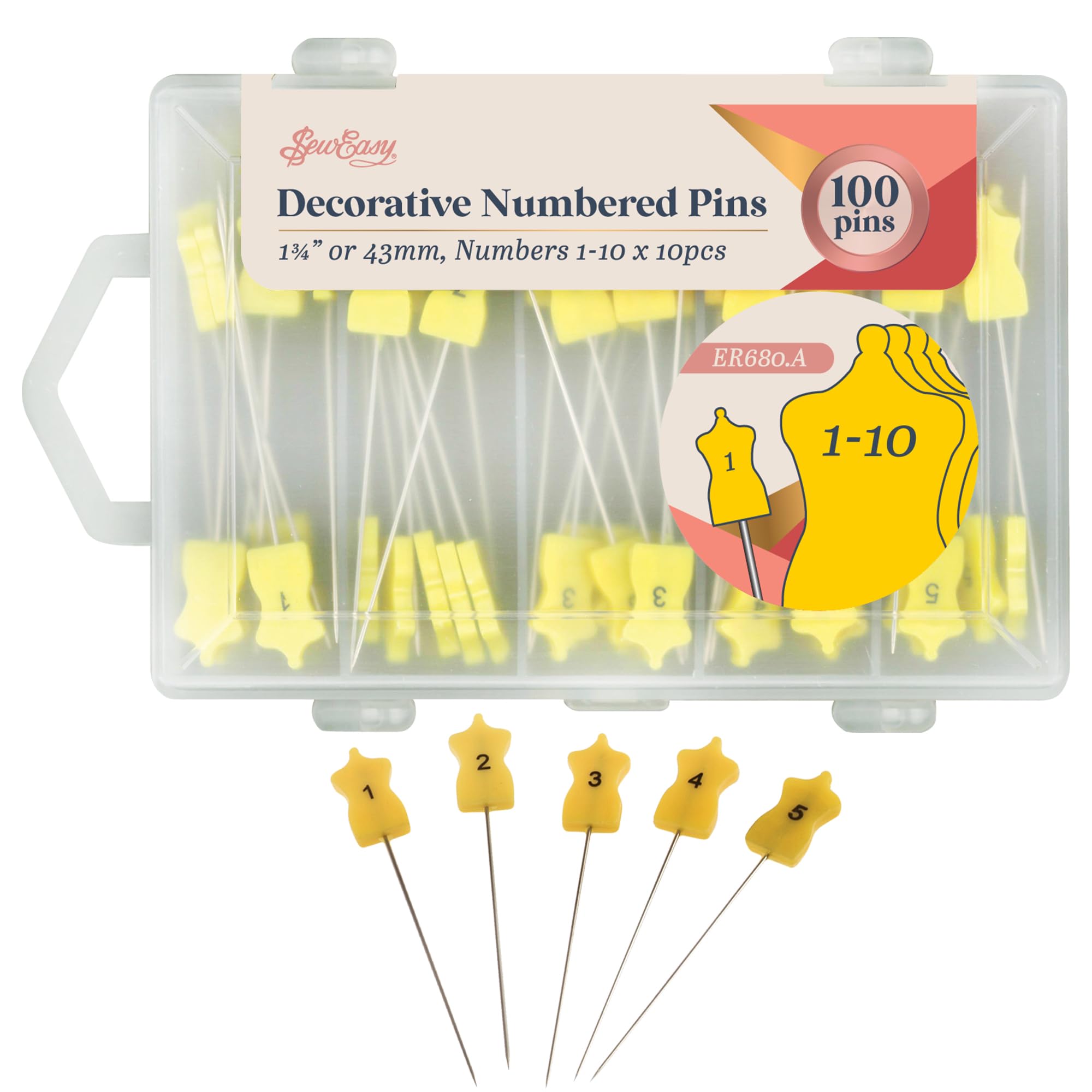 Sew Easy Nummerierte Stecknadeln – 100 Stück 43 mm, nummeriert 1–10, 10 von jeder Zahl, Verschlüsse zum Quilten, Nähen, Basteln, Schneidern – Gelb