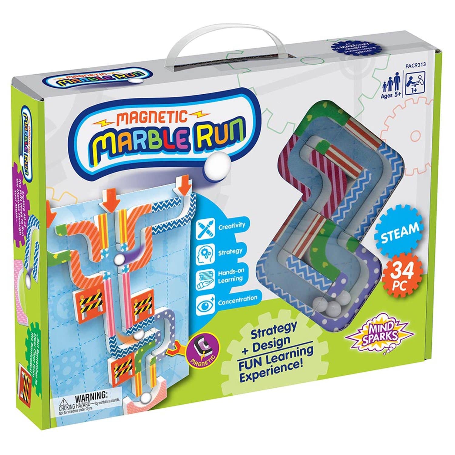 Mind Sparks Magnetic Marble Run, Assorted Colors, 9.6" W x 11.2" H Magnetic Board, 34 Pieces