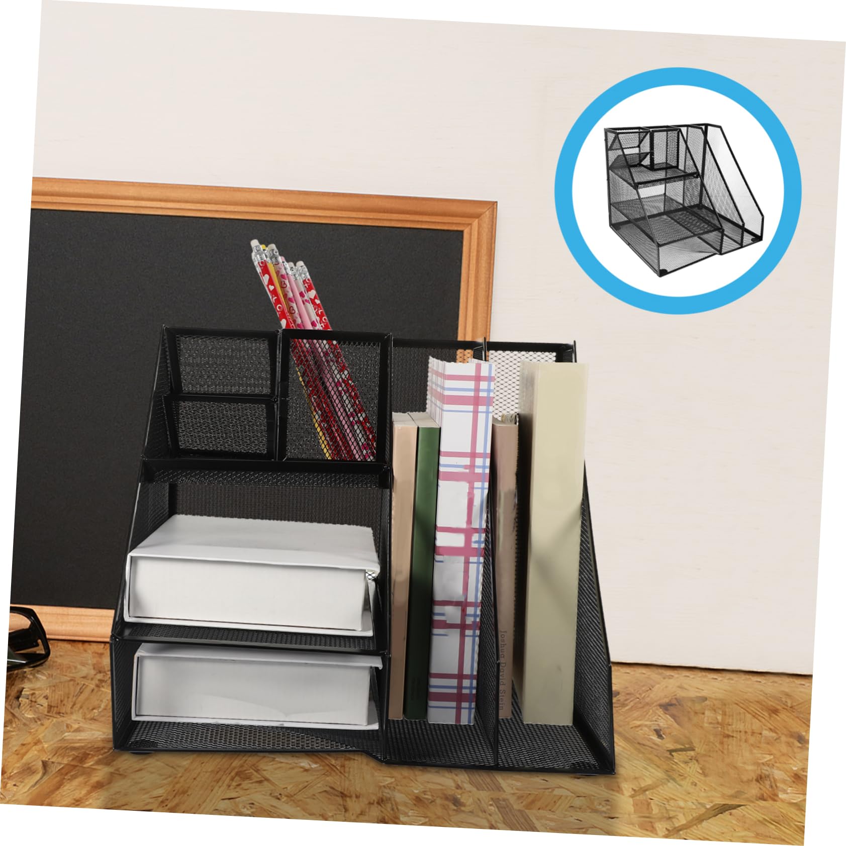 Alipis Schwarzer Metall Schreibtisch Organizer mit 2 Fächern 3 Ebenen und Links Integriertem Stiftehalter für Büro Funktionaler Dokumentenhalter aus Eisen