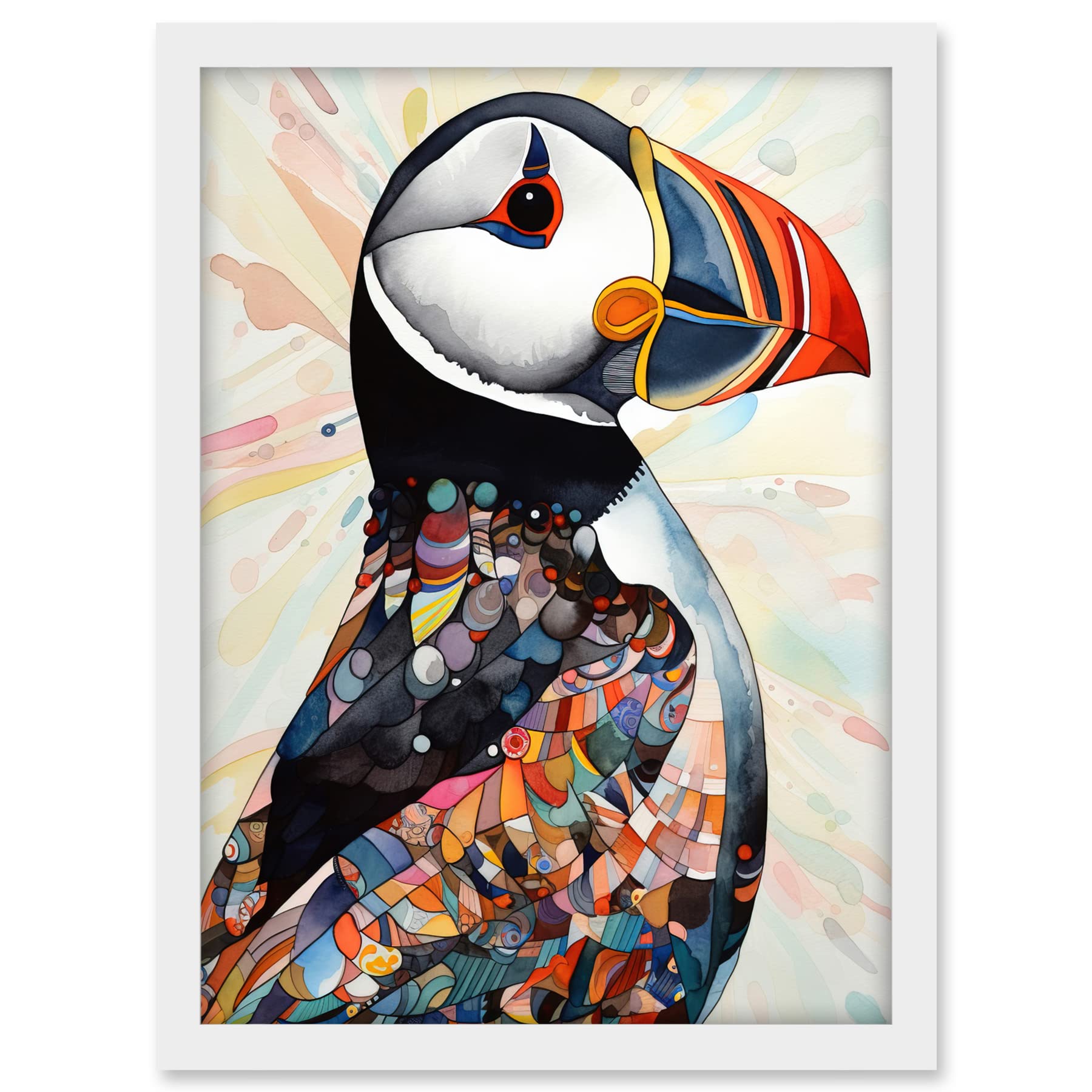 Artery8 Multicolour Pattern Feather Puffin Bird Folk Art Artwork Framed A3 Wall Art Print