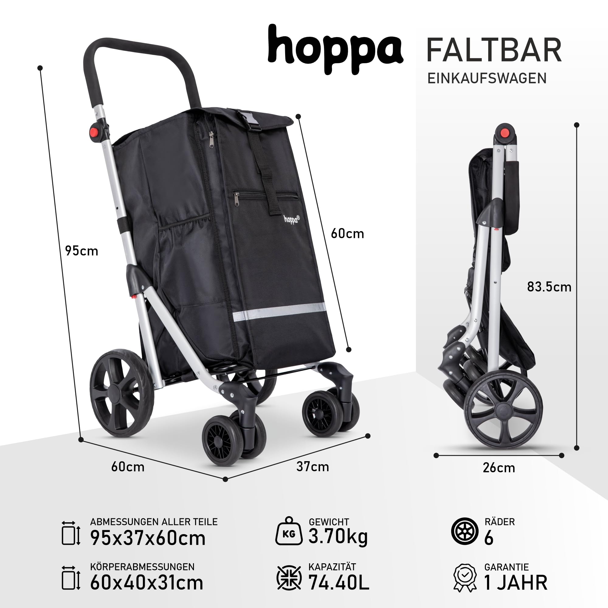 Hoppa 74L Klappbarer Einkaufstrolley, 6 Räder, Push/Pull | Große Kapazität, 6 Räder, 5 Taschen, Robust & Wasserdicht, Leicht, Klappbar, Für täglichen Gebrauch, Einkaufswagen