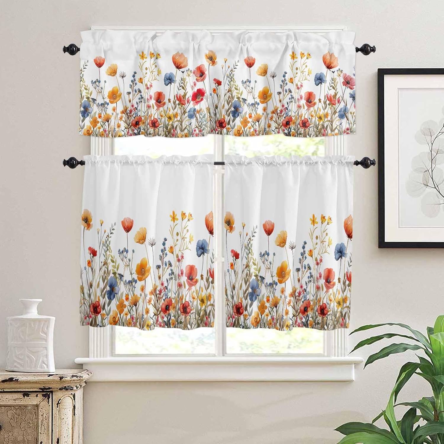 Wildflower Kitchen Curtain and Valance Set, Farmhouse Floral Leaves Summer Swag Valances for Windows, Semi-Sheer Rod Pocket Window Tier Curtains for Living Room Bathroom