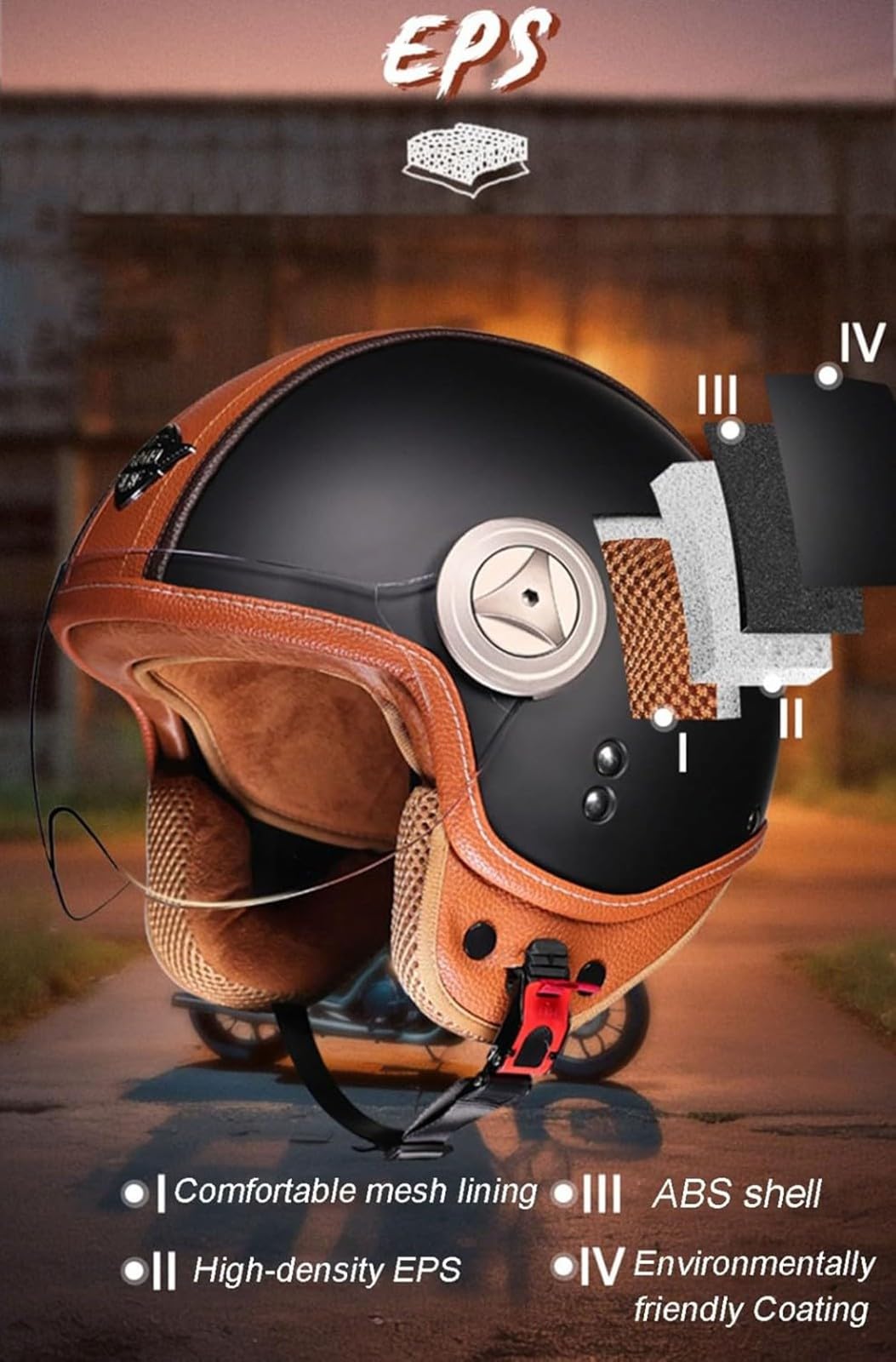 Zatwierdzony przez ECE kask motocyklowy retro, styl vintage kask do skutera 3/4, wykonany z prawdziwej skóry z wizjerem, dla mężczyzn i kobiet
